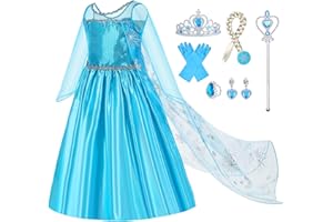 Gridamea Vestito Elsa Frozen Bambina-Costume Anna Ghiaccio Abito da Principessa con Corona/Bacchetta/Guanti/Treccia/Orecchini/Anello per Bambini Compleanno, Halloween, Feste, Cosplay