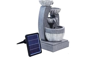 Warmiehomy Solar Water Fountain, 4 Tier Solar Water Feature, Waterfall with Solar Powered Pump and LED Lights for Outdoor, Garden Fountains and Water Features, Height 47CM, Grey