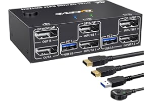 YOUTINGHDAV KVM Switch 2 Monitors 2 Computers Displayport 1.4, USB 3.0 KVM Switch Dual Monitor 4K@144Hz for 2 Computer Share Mouse Keyboard, with Wired Remote