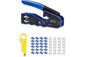 QSFPTEK RJ45 Outil de Sertissage Kit, Ethernet/CâBle RJ45 Crimper pour Cat5/Cat5e/Cat6 Coupe Modulaire, y Compris 1*Bleu Sertisseur, Lame Rechange, 1*Jaune Mini DéNudeur CâBle, 50*Connecteur, 50*Gaine