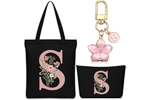 Hestya Set de 3 Cadeaux de Noël pour Femme 1 Sac Fourre-Tout en Toile Personnalisé avec Initiale 1 Trousse de Maquillage avec Nom 1 Porte-Clés avec Lettre pour Amis Collègues Anniversaire Mariage