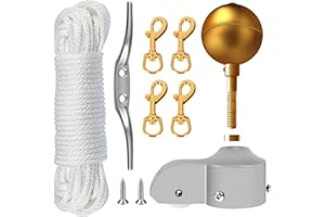 NQ Flag Pole Repair Parts Kit with 50 Feet Nylon Flag Pole Rope, 4 Pcs Flag Pole Swivel Snap Clips, Flag Pole Truck with Pulley, Flag Pole Top Ball, Zinc Alloy Cleat, Flagpole Accessories Tool Kits