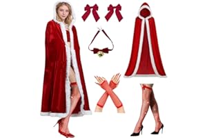 HarnyLoom Capa de Navidad Mujer con Capucha, 150 cm Disfraz Mamá Noel Blanco y Rojo Adulto Papá Noel Abrigo de Terciopelo Navidad Fiesta de Cosplay