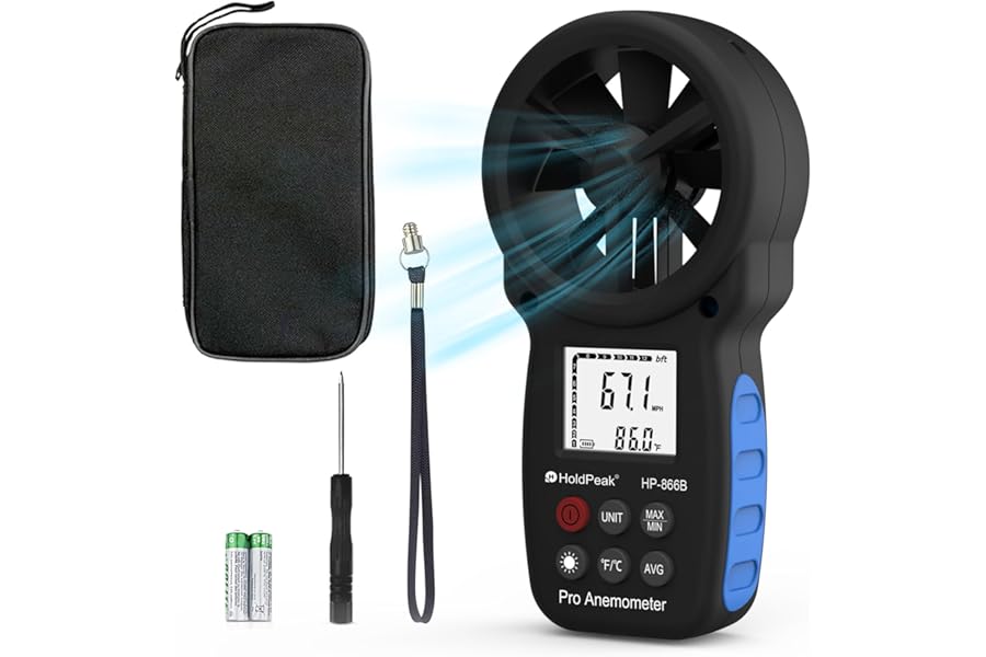 HoldPeak Anemometer Handheld, Digital Wind Speed Meter with Backlight, Air Flow Velocity Temperature CFM Measuring Device for outdoors garden Surfing HVAC Vent, HP-866B