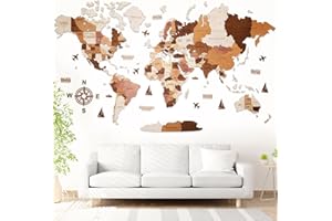 WOW WOOD Mapamundi de madera 3D para pared en español | sin taladro con adhesivos, plantillas y pines | arte mural para hogar u oficina