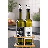 Zeytinyağı ve Ay&ccedil;i&ccedil;ek Yağı Şişesi Seti, Beyaz Etiket ve Yağdanlık Aparatlı, Korumalı Ahşap Standlı 750 ml, 2 Adet, Yeşil Cam 