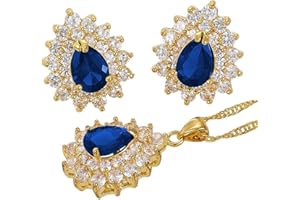 RIZILIA Teardrop Jewellery Set Pendant with 18" Chain & Stud Earrings Pear Cut Gemstones CZ [5 Colours Available] in 18K Yellow Gold Plated, Simple Modern Elegance