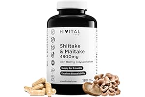 HIVITAL FOODS Shiitake und Maitake 4800 mg. 180 vegane Kapseln für eine 3-monatige Behandlung. 30% Polysaccharide. Mischung aus natürlichen Extrakten von Shitake und Maitake. Hergestellt von HIVITAL