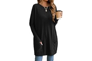 Famulily Long Tunics for Women Casual Solid Color Oversized Long Tshirt Crew Neck Sweatshirt with Pockets