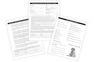LASHICORN Pet Grooming Intake Forms, Consent & Release, Matted Coat Clip-Off Agreement, Pet Report Card | 50 pk, 25 of each, dbl sided | 8.5x11” Groomer Signature Client Grooming Tips Black and White Minimalist