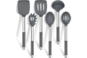 HaWare - Set di 6 utensili da cucina in silicone, con manico in acciaio inox, antiaderente, resistente al calore, facile da pulire e lavabile in lavastoviglie, colore: grigio