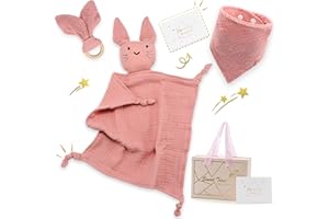 Feelhap Coffret Cadeau Naissance Bébé,Serviette de Bébé Jouets Coffret Naissance Bébé,100% Coton Mouchoir Serviette Apaisante,Bavoirs et Anneau de Dentition,Bébés Jouet pour Fille et Garçon (Rose)