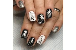 SALROAL 24Pcs Black Christmas Press on Nails - Gothic Press on Nails French Tip - Medium Square False nails with Glue - Glitter Stick on nails with Christmas Snowflakes Christmas tree for Women Girls