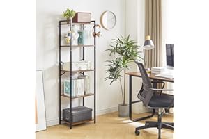 YMYNY Scaffale a 5 livelli, Libreria, Mensola a gradini, Alto 147 cm, Telaio in Metallo, Stile Industriale, per Soggiorno, Studio, Ufficio, Cucina, Retro marrone e nero HBC005H