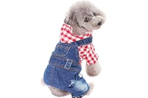 feiling Vier-Beine Hundeshirt Kleine Hunde Hemd Jeans Overall Denim Latzhose Welpen Kostüm mit Kapuze Haustier Jumpsuit Mittlere Hunde Kapuzeshirt Fleece Verdickte (L, rot)