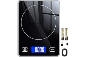 Küchenwaage Digital mit 15 kg Tragkraft, 5 Einheiten in g/ml/fl'oz, Präzise Waage Küche mit Großem Display, Dual Power (USB-C/Batterie), 1g Hochpräzise, Tara, Sicherheitsglas für Backen, Kochen