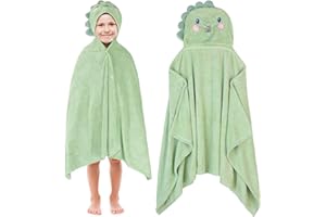 saerryor Green Dino Hooded Towel for Kids, 70 x 140cm Large Poncho Towel with Snap Button Soft Absorbent Beach Swimming Wrap for Boys Girls 3-12 Years