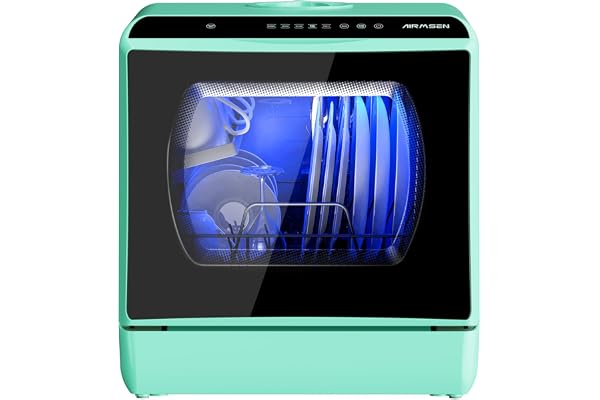 AIRMSEN Mini Lave-Vaisselle de Comptoir, 5+1 Programmes, Réservoir d'Eau de 5L, Contrôle Tactile et Écran LED, Adapté pour les Cuisines Familiales, Appartements et Dortoirs, Vert