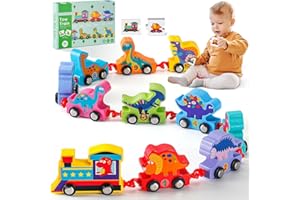 SYHLN Wooden Dinosaur Train Set, Montessori Toddler Toys for 2 3 Year Old Boys Girls Gifts, Wooden Toy Train Set Girls Boys Toys Age 2 3, Easter Birthday Gifts for 2 3 4 Year Old Boys Girls (11PCS)