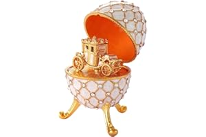 QIFU Vintage White Easter Egg Style Enamel Trinket Box with Mini Carriage(QF5291)