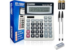 EMPIRE TRADING & COMMERCE Empire Desk Calculator with Large Key Buttons, 12 Digits, Large Eye-Angled Display, Solar and Battery Powered for Home and Office (Included 2 Battery, 2 Pen and 1 Rubber)