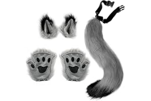 LXWINNER 5-Teiliges Wolf Fuchsohren und Schwanz Set,Flauschiger Schwanz Ohren und Pfoten Handschuhe Set Halloween Party Faschingskostüm Halloween Wolf Fuchs Schwanz Clip Ohren,für Kinder oder Erwachsene