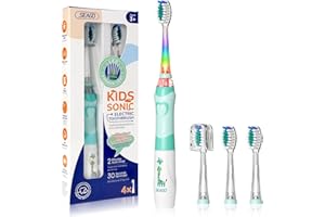 Seago Spazzolino Elettrico Bambini 3-12 Anni Spazzolino Bambini Spazzolini Elettrici Con 4 Testine Spazzolino Elettrico Luce LED Colorata e Osservante 4 Modalità Timer Intelligente SG-977, Verde
