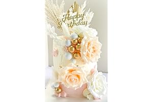 VELAFEE 25 Pcs Rose Gold Cake Decorations Happy Birthday Cake Topper Gold Palm Cake Topper with White and Gold Cake Balls Dried Flower Cake Decorations for Birthday Cakes and Boho Cake Decorations