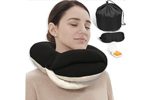 BUYUE Reise-Nackenkissen für Flugzeuge, 360° Kopfstütze Schlaf für Lange Flüge, Kit mit 3D konturierte Augenmaske, Ohrstöpsel und Aufbewahrungstasche (Erwachsene, Schwarz, 45KG+)