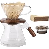 Lalord Pour Coffee Maker, 20oz Borosilicate Glass Set with 100 #4 Paper Filters, Walnut Neck and Glass Lid, Drip Coffee Maker