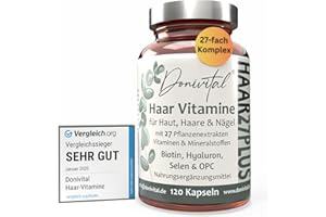 ‎DONIVITAL Haar-Vitamine Testnote SEHR GUT - 27 Wirkstoffe - Hochdosiert Biotin Zink Selen zum Erhalt normaler Haare. Hyaluron Hirseextrakt alle B-Vitamine. 120 Kapseln für Frauen, Männer & Bart - Vegan