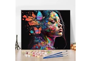 TISHIRON Peinture à faire soi-même par numéro Fille Peinture de portrait abstraite par numéros pour adultes Coloré Filles Adultes Couleur par numéros sur toile Art mural Papillon Fille Couleur débutant Cadeau