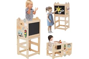 YOSAMY Kids Step Stool, Wooden Learning Tower with Blackboard,Safety Rail and Busy Board,Kitchen Stool Helper for Toddlers,Helper Standing Tower for Kitchen Counter,Bathroom