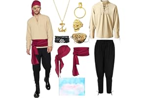 TOSZOLY Costume Pirata Uomo, Vestito Medievale con Accessori Pirata, Costume Medievale Vestiti Carnevale, Vestito Pirata Uomo per Cosplay Party Halloween Natale