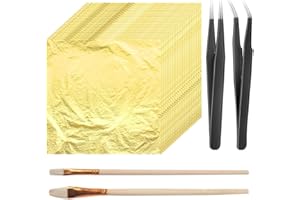 JAWUZ 150 pezzi fogli di foglia oro, ideali per doratura, artigianato, progetti artistici e decorazioni, foglia oro decorazione,Con 2 Clip e 2 Spazzole