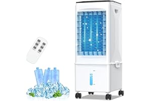 Bidiowe Mobile Air Conditioners, 9.5L AC Unit Tank 60W Evaporative Air Cooler Automatic Light Off 60°/120° Oscillation 3 Modes 7H Timer Remote Control 3 Ice Box Quiet Cooling Fan for Home, Office