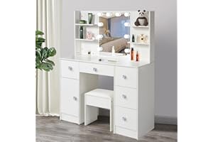 Guanglai Vanity Desk with Drawers and Cabinets, Makeup Table Mirror and Lights in 3 Colors, Adjustable Brightness, Modern Dressing Table with Stool for Women Gift