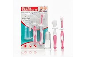 Sanitral Baby's First Toothbrush Kit -Step by Step Toothbrush Kit 0-2 Years - Safety-Tested & BPA-Free 3-Pack (Finger Toothbrush Baby, Silicone Toothbrush Baby, and Toddler Toothbrush)-Pink