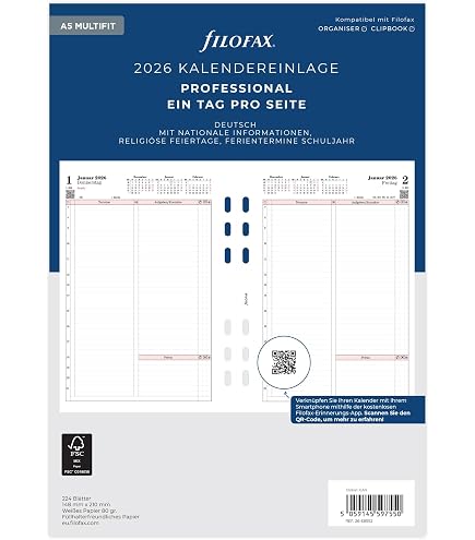 Filofax Agenda 2026 A5 | Settimana Su Due Pagine | 5 Lingue | Con Codici QR | 148x210 Mm