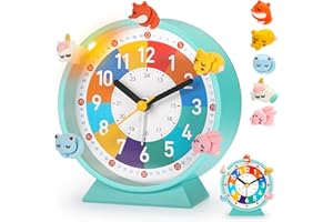 PIXESTT Despertador Infantil, Reloj Despertador Infantil para Principiantes En La Escuela, Sin Sonido Tic-TAC, con FuncióN De Luz Nocturna Y FuncióN De RepeticióN, con 5 Adornos De Despertador