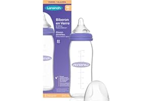 Lansinoh Glass Baby Bottle with NaturalWave Teat (240 ml), Anti-colic, Premium heat & thermal shock-resistant glass, Medium Flow soft & flexible silicone teat, teats are BPA & BPS free, purple