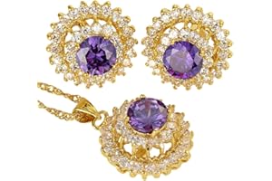 RIZILIA Blossom Jewellery Set Pendant with 45cm(18") Chain & Stud Earrings Round Cut Gemstones CZ [5 Colours Available] in 18K Yellow Gold Plated, Simple Modern Elegance