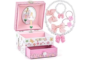 MS. WENNY Girl's Musical Jewelry Box with Spinning Ballerina and Jewelry Set, Flower Fairy and Butterfly Design with Pullout Drawer, Gift for Girls, Beautiful Dreamer Tune