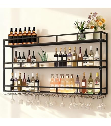 Wijnglashouder, hangend wijnrek - plafondrek met flessenhouder, 2-laags industriële hangende wijnflessenhouder, voor keuken, bar, café (Black, 100×30×80cm