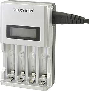 LLOYTRON Ultra Fast Intelligent AA or AAA LCD Home Battery Charger for NiMh NiCd Rechargeable Batteries – Charge 1 or 4 Batteries at Once – LCD Display - B1504 - Silver