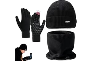 Atsmoce Set di Beanie Invernale 3 in 1 per unisex adulto, Berretto Sciarpa Fodera Pile, Guanti con funzionalità touchscreen, tessuto morbido con buon isolamento termico
