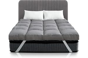 Linens World Mattress Topper Double Bed Grey | Quilted, Super Soft Microfiber 1200GSM Fiber Fill Anti Allergy, Washable Topper Fits with Elastic Straps For Extra Comfort (137X190CM)