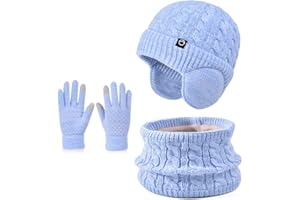 ENWOKRAN Niños Conjunto Gorro de Punto Bufanda Guantes Set 3 en 1, Invierno Cálidos Beanie con Orejeras Caliente Bufanda Pantalla Táctil Guantes para Niños Niñas 4-10 Años