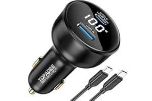 Ładowarka samochodowa TOPADRE 100W USB-C z wyświetlaczem, PD3.0+QC szybkim ładowaniem z kablem USB-C 100 W, dla MacBook Pro, dla iPad, dla iPhone 16/15 Pro Max, dla Galaxy S25/S24 Ultra itp.
