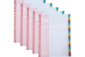 AMO HERMOSO 5 Pack A-Z File Dividers A4 26 Part for Lever Arch Files Ring Binders, Alphabetical Divider Plastic Multi-Colour, 1-26 Tabs Index Sections 11 Holes (A-Z 5Pack)